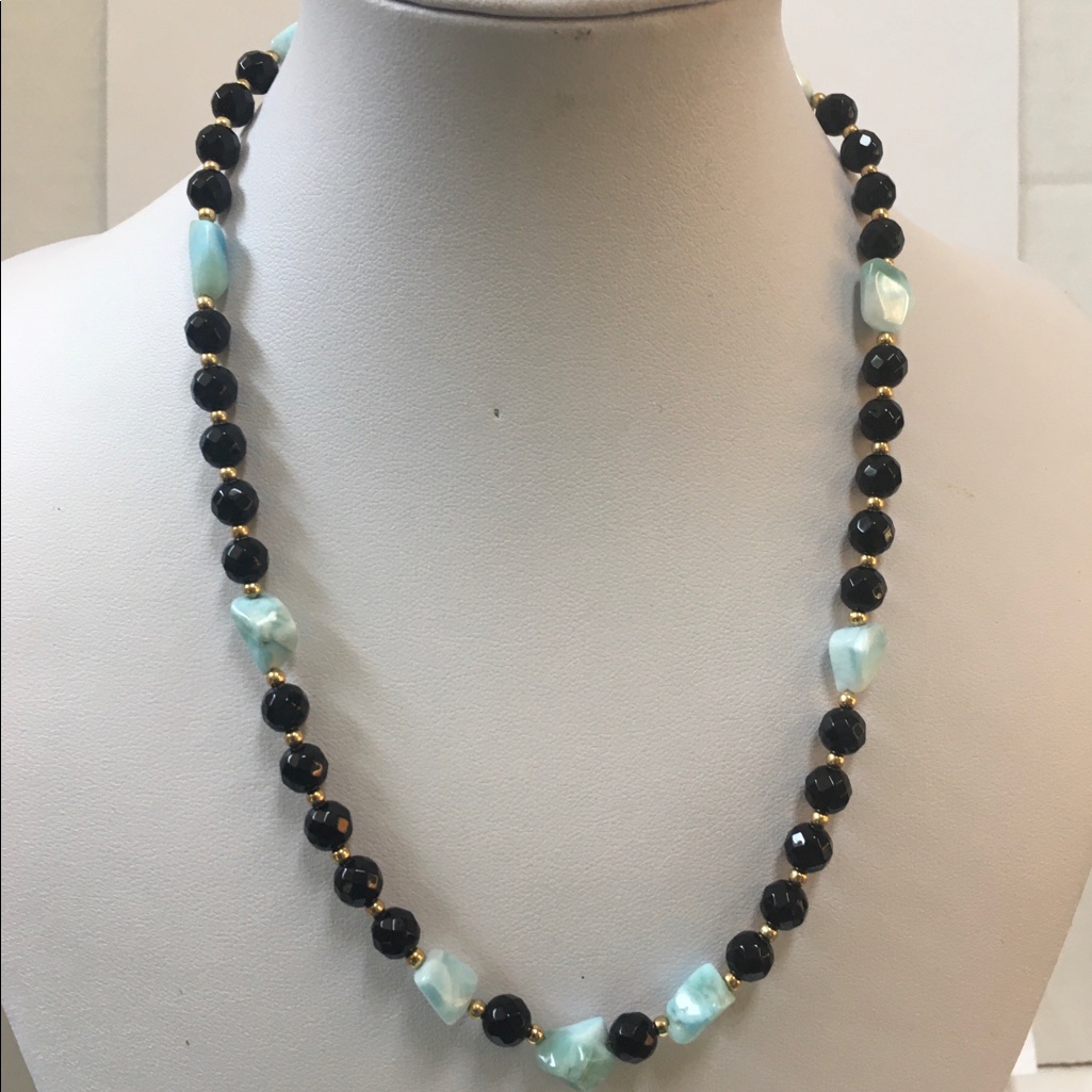 Larimar Chip And Black Onyx Beaded Necklace
